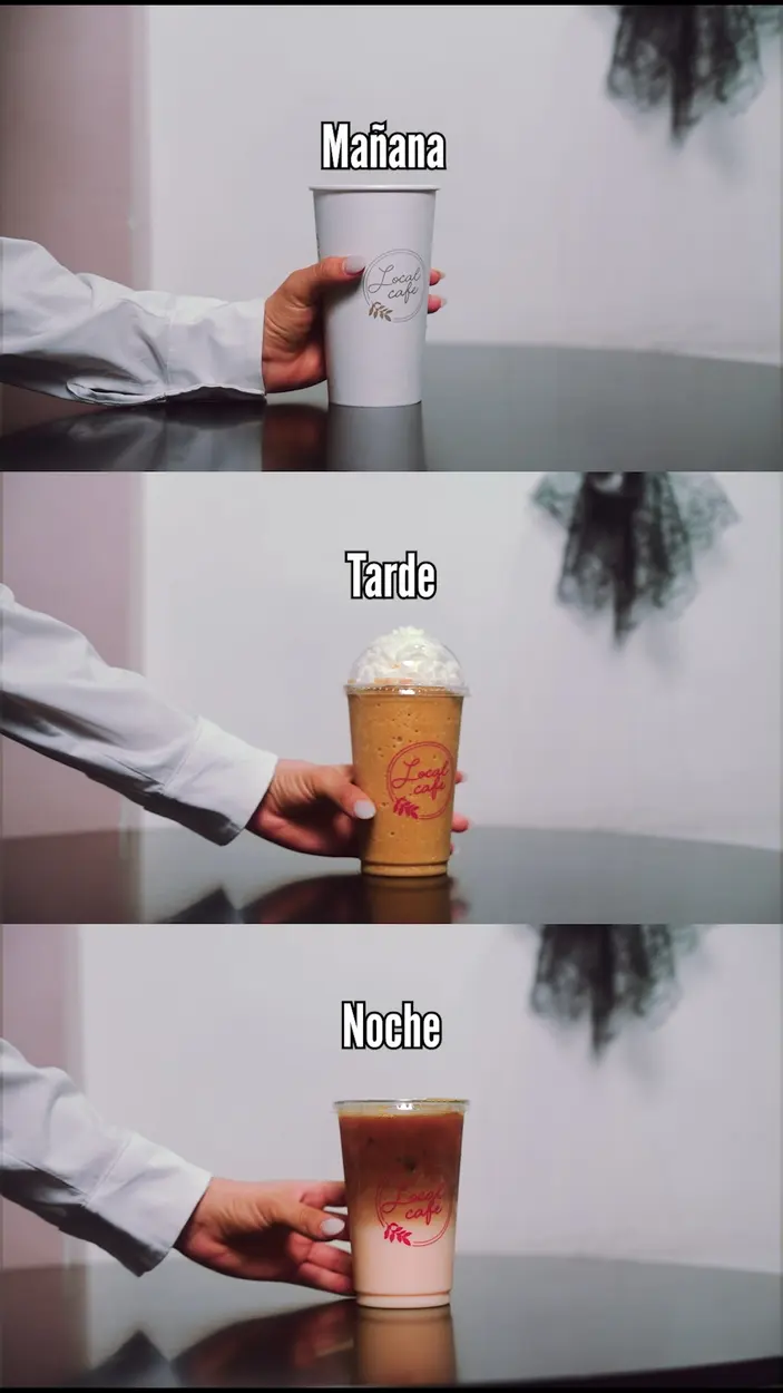 Tres vasos de Local Café: uno de mañana, uno de tarde y uno de noche